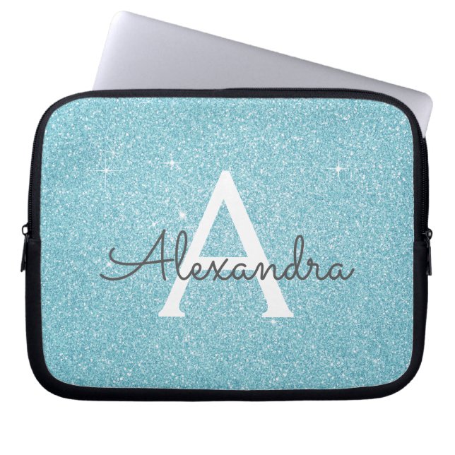 Funda Para Portátil Monograma de Purpurina azul Verde azulado Aqua y E (Frente)