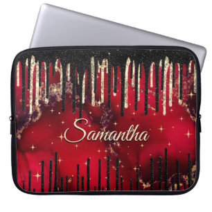 Funda Para Portátil Monograma de purpurina de goteo rojo y elegante