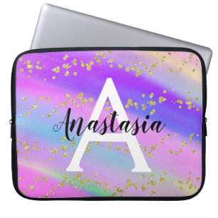 Funda Para Portátil Monograma de Purpurina de oro del arcoiris de Unic
