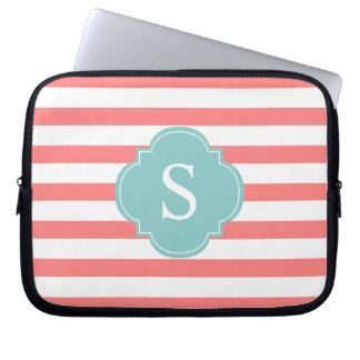 Funda Para Portátil Monograma de rayas de coral y de menta