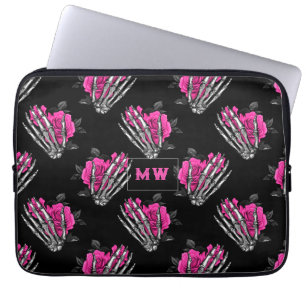 Funda Para Portátil Monograma de rosas rosadas góticas vintage de esqu