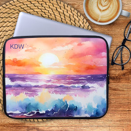 Funda Para Portátil Monograma de surf al atardecer con acuarela