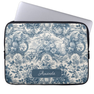 Funda Para Portátil Monograma de tela azul de jouy floral vintage