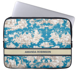 Funda Para Portátil Monograma de tela azul turquesa de jouy