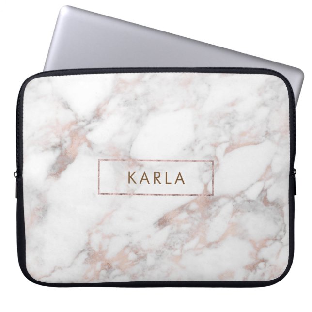 Funda Para Portátil Monograma de textura de mármol blanco (Frente)