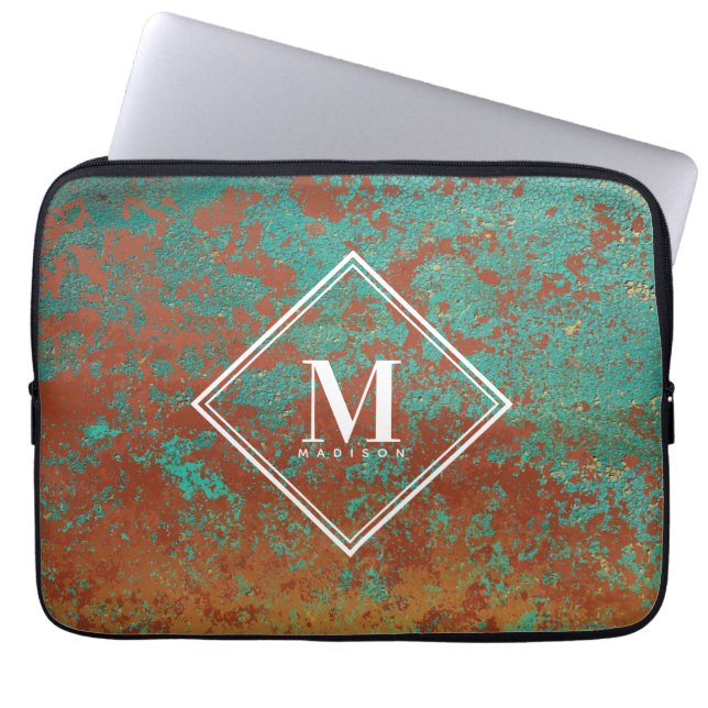 Funda Para Portátil Monograma de textura metálica turquesa de cobre (Frente)