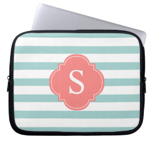 Funda Para Portátil Monograma de tiras de mint. y corales