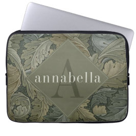 Funda Para Portátil Monograma de William Morris de Vintage Green Folia