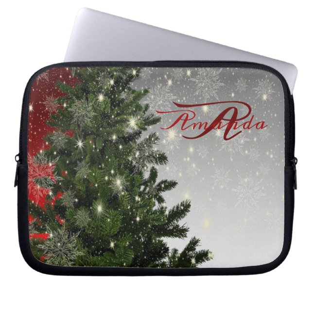 Funda Para Portátil Monograma del árbol verde Rojo Plata Snowflake nav (Frente)