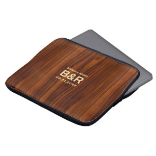 Funda Para Portátil Monograma del Boda de madera de caoba marrón