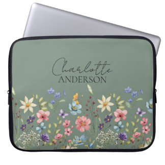 Funda Para Portátil Monograma del nombre de flor silvestre de color ve