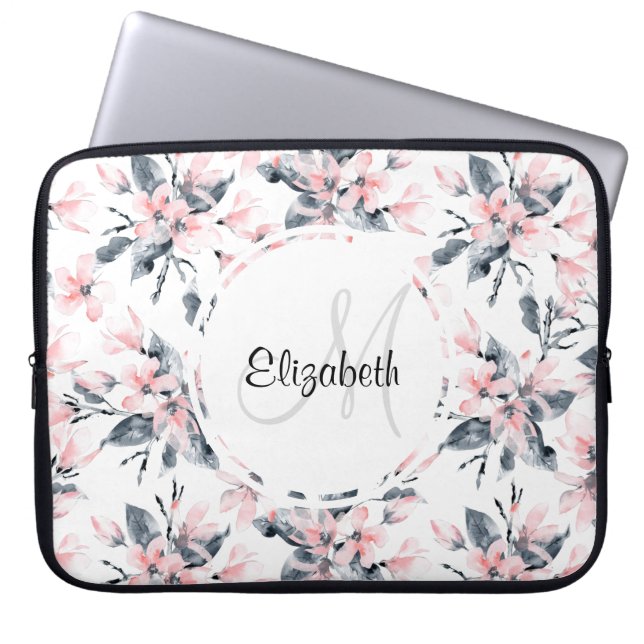Funda Para Portátil Monograma del patrón acuático floral rosa y gris (Frente)