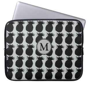 Funda Para Portátil Monograma del patrón clásico de piña en blanco y n