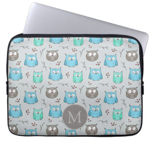 Funda Para Portátil Monograma del patrón de búho gris azul lindo