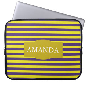 Funda Para Portátil Monograma del patrón de franjas amarillas y púrpur