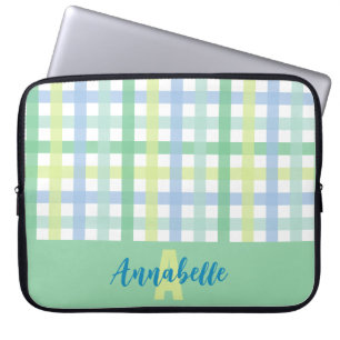 Funda Para Portátil Monograma del patrón de Gingham de Lime Verde Azul