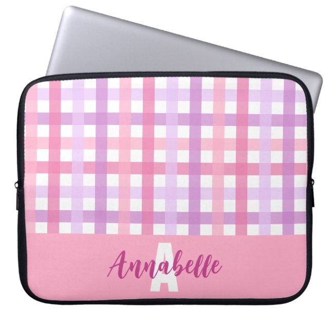Funda Para Portátil Monograma del patrón de Gingham púrpura rosa (Frente)