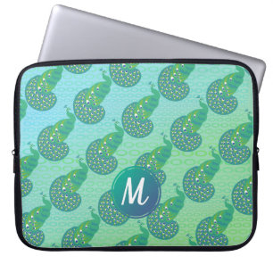 Funda Para Portátil Monograma del patrón de pavo real verde verde azul