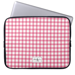 Funda Para Portátil Monograma del patrón de platillos de Gingham rosa