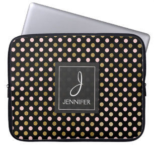 Funda Para Portátil Monograma del patrón de punto de polka rosa y Reli