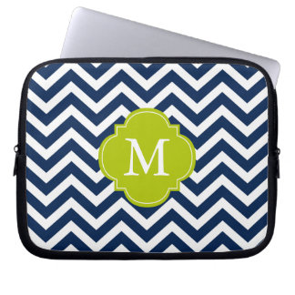 Funda Para Portátil Monograma del patrón de zigzags azul y verde