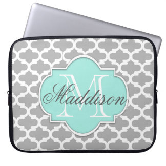Funda Para Portátil Monograma del patrón elegante de Aqua gris