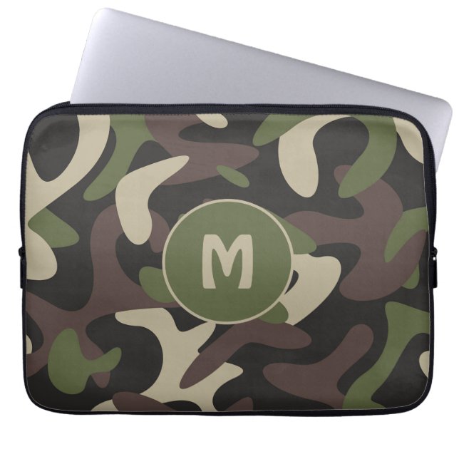 Funda Para Portátil Monograma del patrón verde marrón del camuflaje mi (Frente)
