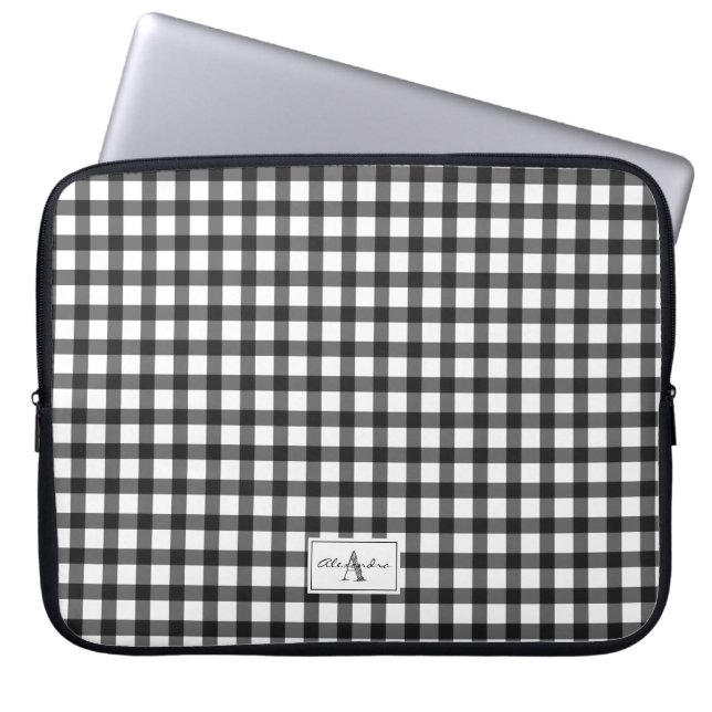 Funda Para Portátil Monograma del patrón verificado de Gingham blanco  (Frente)