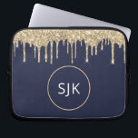 Funda Para Portátil Monograma del Purpurina de goteo de oro azul de la<br><div class="desc">Purpurina de goteo de los Faux azules de oro y marina y Funda de Iniciales Monogramadas Sparkle Elegant. Este funda se puede personalizar para incluir su nombre inicial y su nombre de pila.</div>