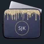 Funda Para Portátil Monograma del Purpurina de goteo de oro azul de la<br><div class="desc">Purpurina de goteo de los Faux azules de oro y marina y Funda de Iniciales Monogramadas Sparkle Elegant. Este funda se puede personalizar para incluir su nombre inicial y su nombre de pila.</div>