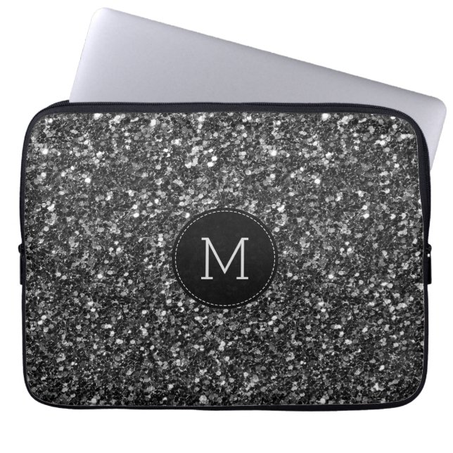 Funda Para Portátil Monograma del Purpurina de imitación negro (Frente)