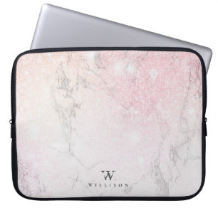 Funda Para Portátil Monograma del Purpurina de mármol de lujo