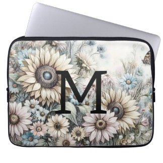 Funda Para Portátil Monograma dibujo floral girasol amarillo rosa