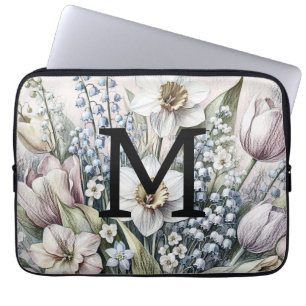 Funda Para Portátil Monograma dibujo floral tullitos rosados daffodios