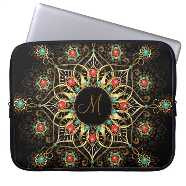 Funda Para Portátil Monograma dorado turquesa rojo Mandala (Frente)