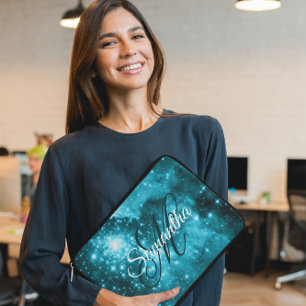 Funda Para Portátil Monograma Elegante Celeste Acuático Estelar Brilla
