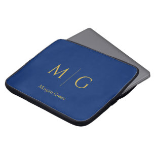 Funda Para Portátil Monograma Elegante con Diseño de Nombre en Azul Ma