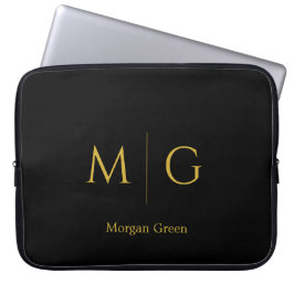 Funda Para Portátil Monograma Elegante con Diseño de Nombre Negro