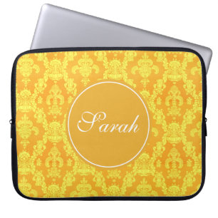 Funda Para Portátil monograma elegante de damasco dorado amarillo