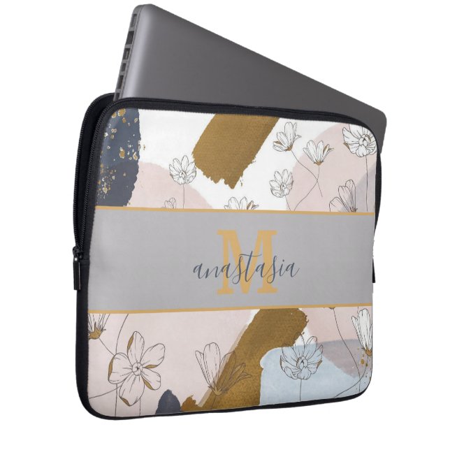 Funda Para Portátil Monograma elegante de oro rosado de lino trendy (Anverso derecho)