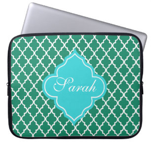 Funda Para Portátil Monograma elegante de quatrefoil verde y verde azu