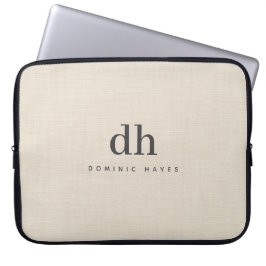 Funda Para Portátil Monograma Elegante Mínimo Textura Crema Lino Beige