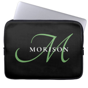 Funda Para Portátil Monograma elegante moderno de escritura verde negr
