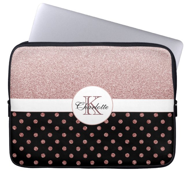 Funda Para Portátil Monograma elegante Rosa  Purpurina de oro (Frente)