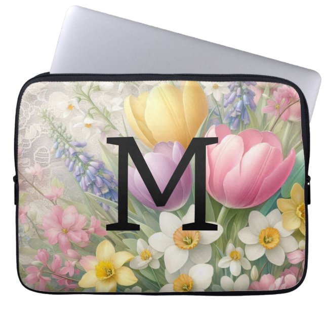 Funda Para Portátil Monograma encaje floral tulipanes rosa pastel (Frente)