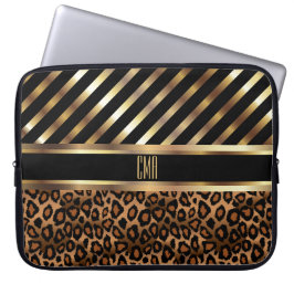 Funda Para Portátil Monograma Faux Gold Stripes y 🐆 Leopard Print