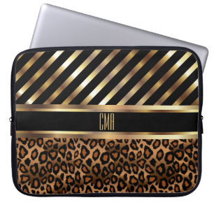 Funda Para Portátil Monograma Faux Gold Stripes y 🐆 Leopard Print
