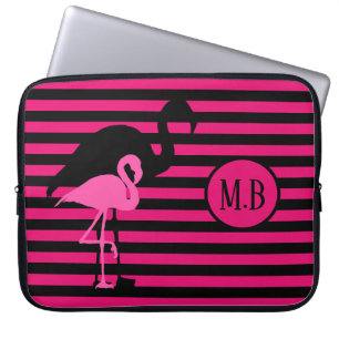 Funda Para Portátil Monograma Flamingo Black and Pink Stripes de Guay