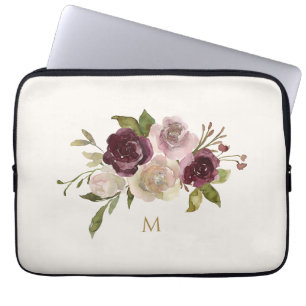 Funda Para Portátil Monograma Floral Acuarela Rosa Burdeos Moderno