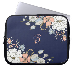 Funda Para Portátil Monograma floral azul rosado Rubor de la Marina Pe
